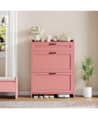 Shoe Cabinet with 2 Flip Drawers & 1 Top Drawer, Wooden Shoe Organizer Cabinet