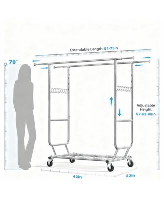 Heavy Duty Collapsible Clothes Rack with Wheels, 650Lbs Capacity, Double Rod, 75"W x 22"D x 68"H