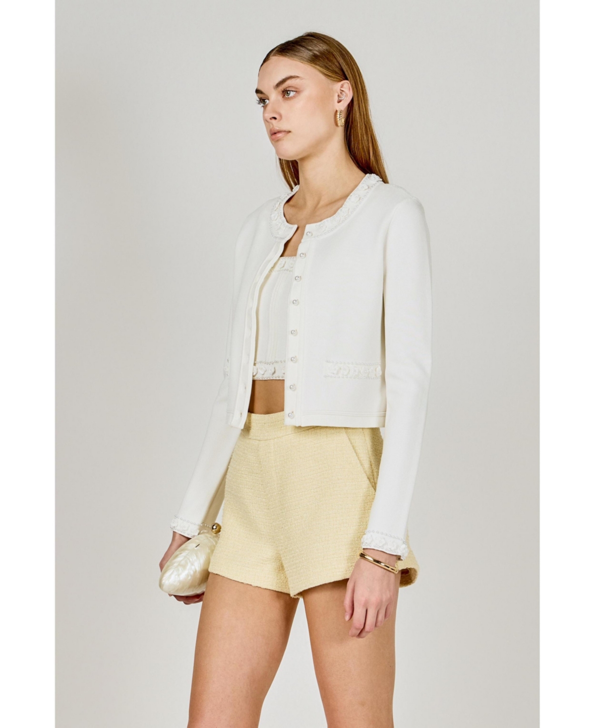 endless rose Women's Flower and Pearl Trim Knit Cardigan