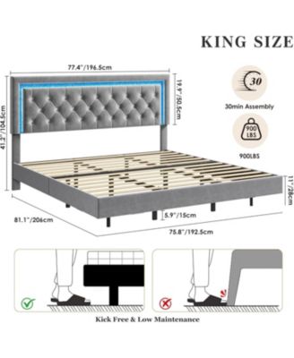 King Floating Bed Frame with LED Lights, Upholstered Platform Bed, Solid Wood Slats