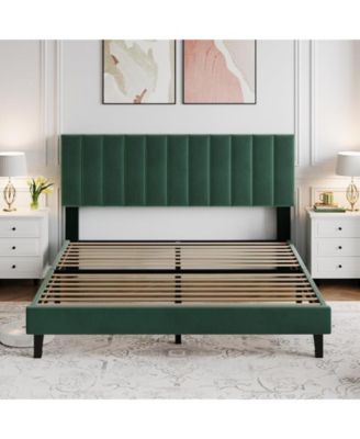 Size Bed Frame, Velvet Upholstered Platform Bed with Adjustable