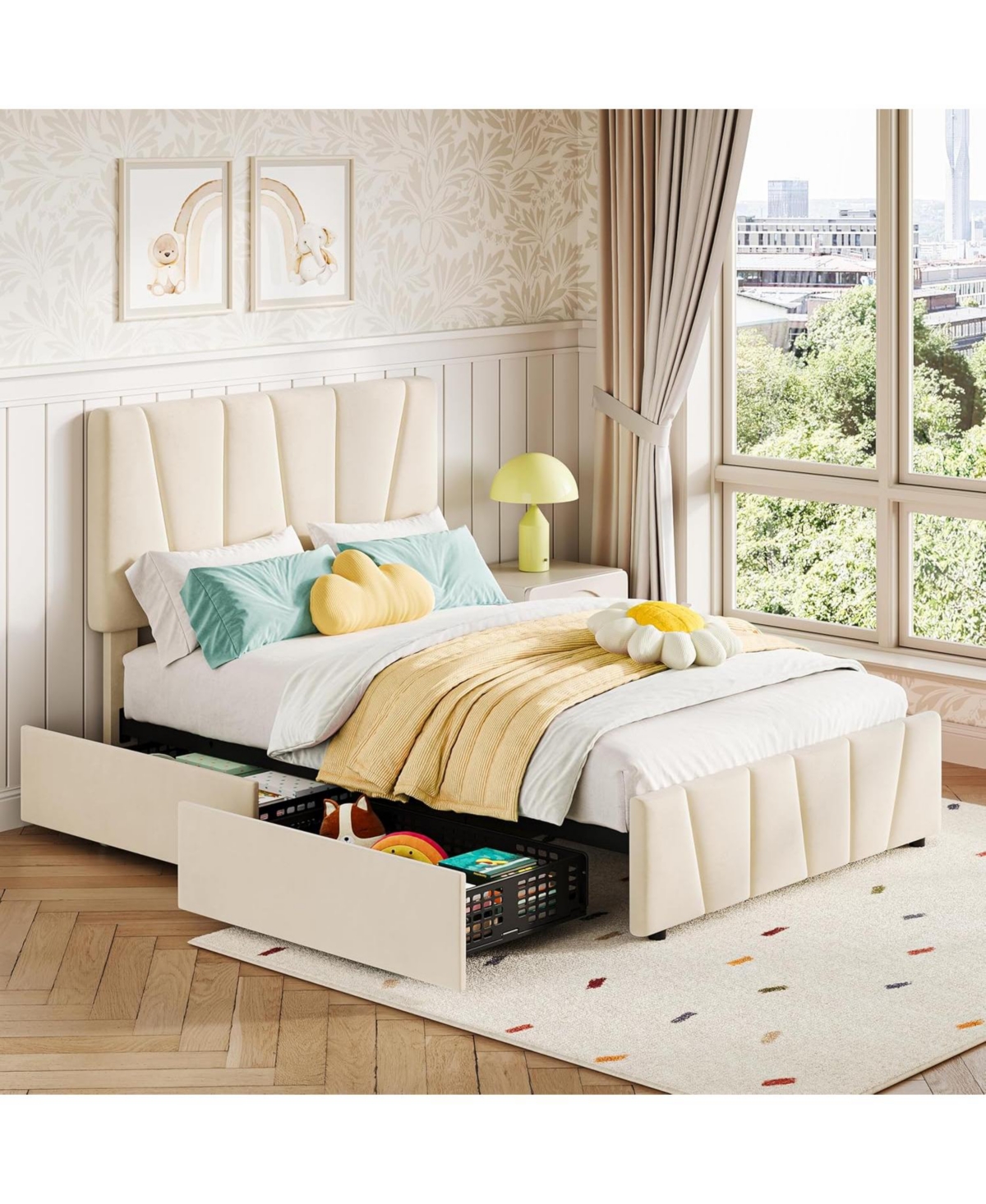 gaomon Twin Velvet Upholstered Tufted Storage Bed Frame with Adjustable Headboard and 2 Drawers