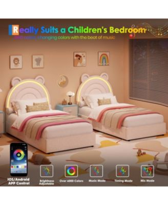 Twin Size Bed Frame with 2 Storage Drawers, Velvet Upholstered Platform Bed with Rainbow Headboard for Kids, Solid Wood Slats Support