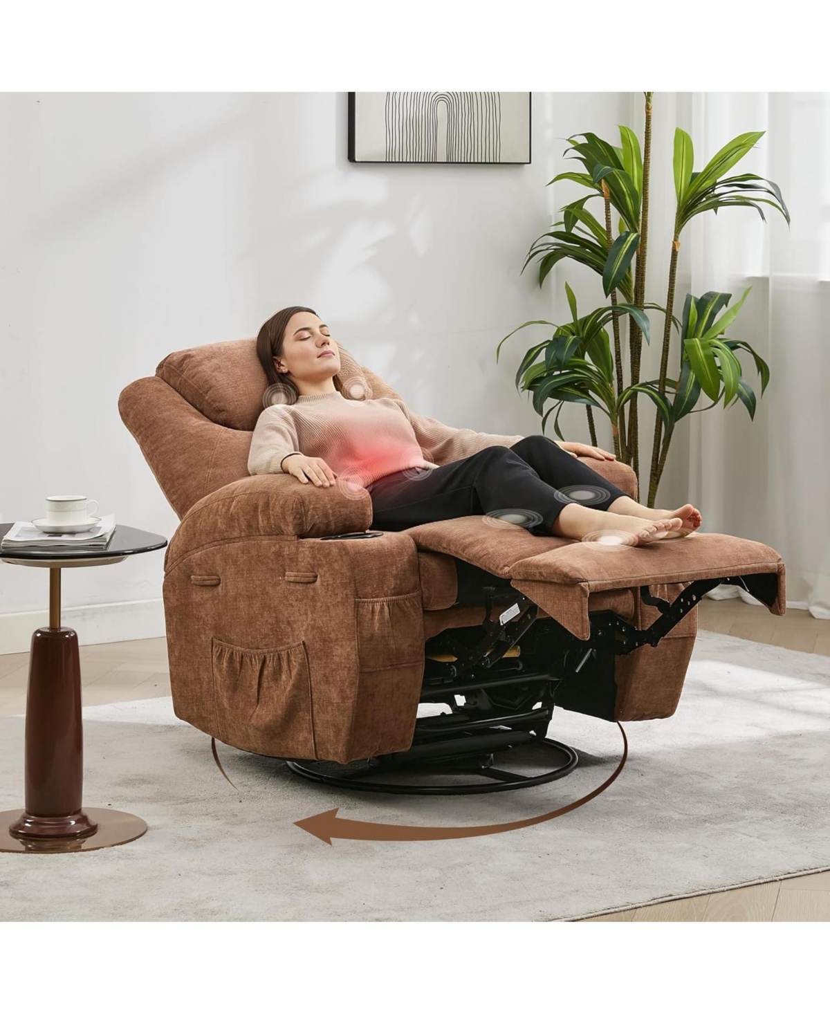 gaomon 360° Swivel Rocking Recliner Chair, Manual Fabric Nursery Recliner Glider with with Massage and Heating, Extented Footrest