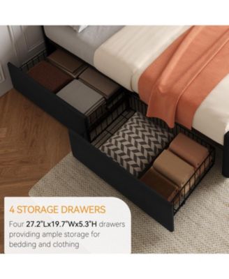 Bed Frame with 4 Storage Drawers and Headboard, Faux Leather Upholstered Platform Bed Frame with Wooden Slats Support