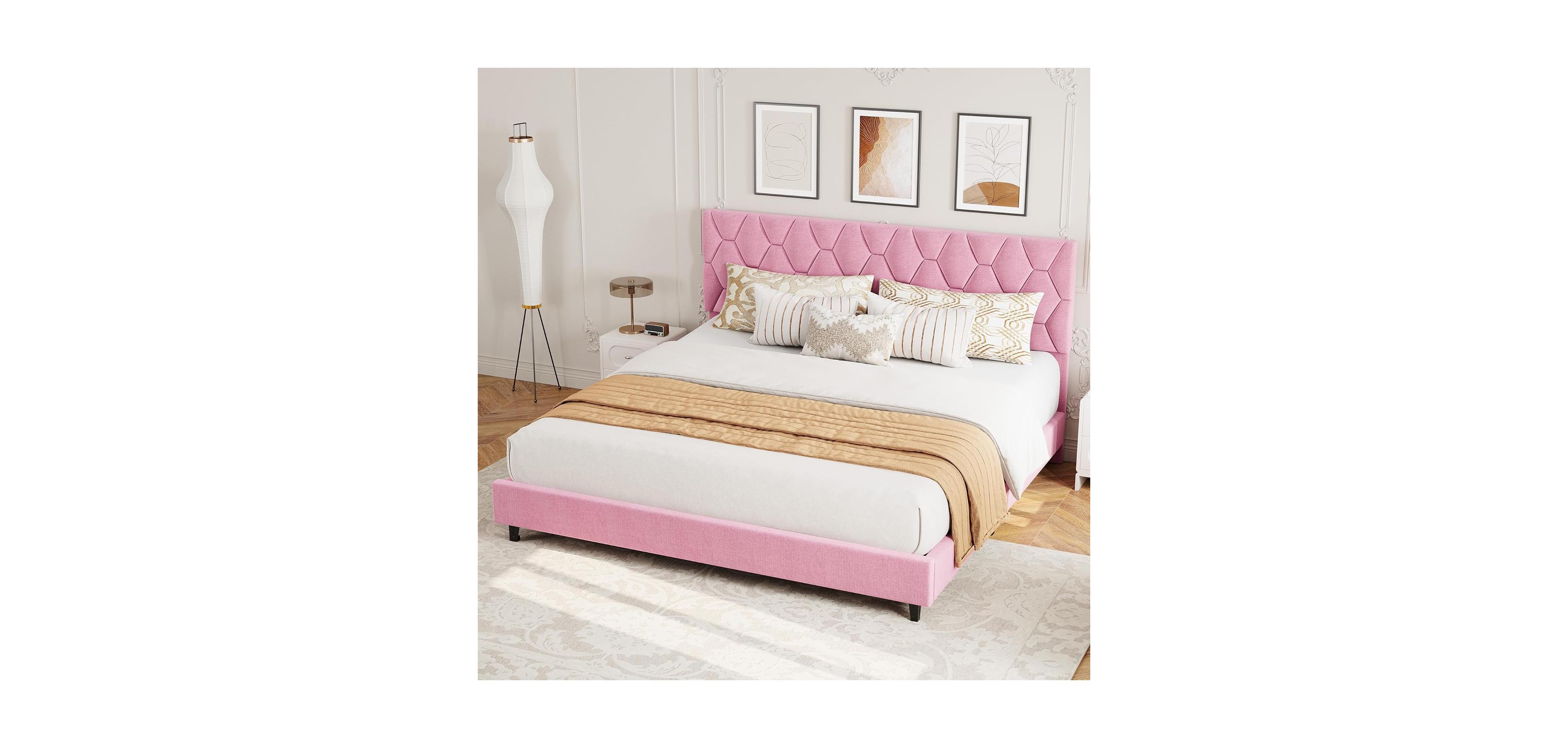 gaomon King Platform Bed Frame with Adjustable Upholstered Headboard, Modern Design, Wooden Slats Support, Triangular Legs, Easy Assembly