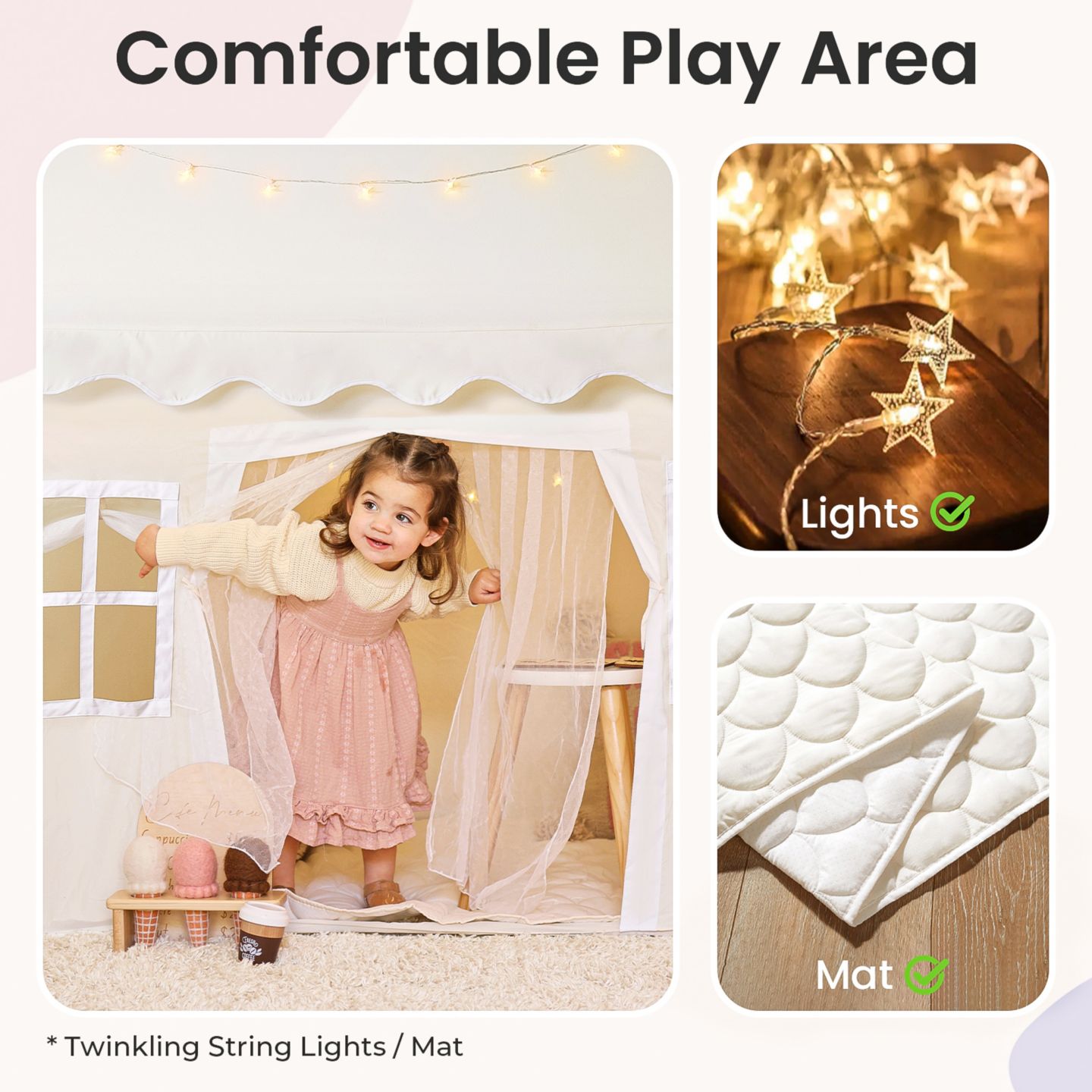 Детские игрушки Tiny Land Indoor Playhouse Tent with String Lights, 3-Piece, Ages 3+ — фото 2