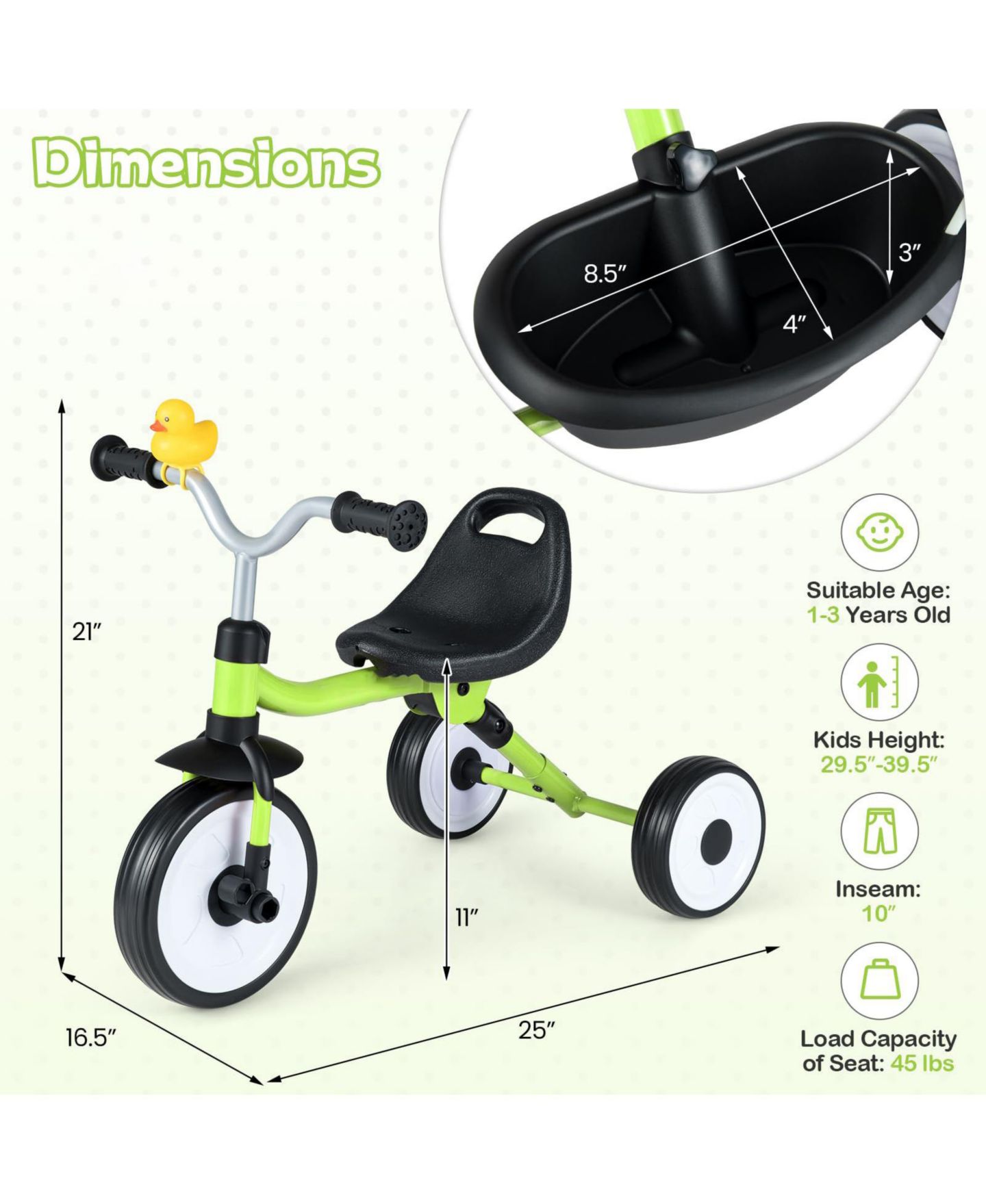 Детская игрушка Mecale Toddler Tricycle, 3-in-1 Convertible with LED Wheels and Storage Basket, Ages 3+, цвет: Зелёный — фото 2