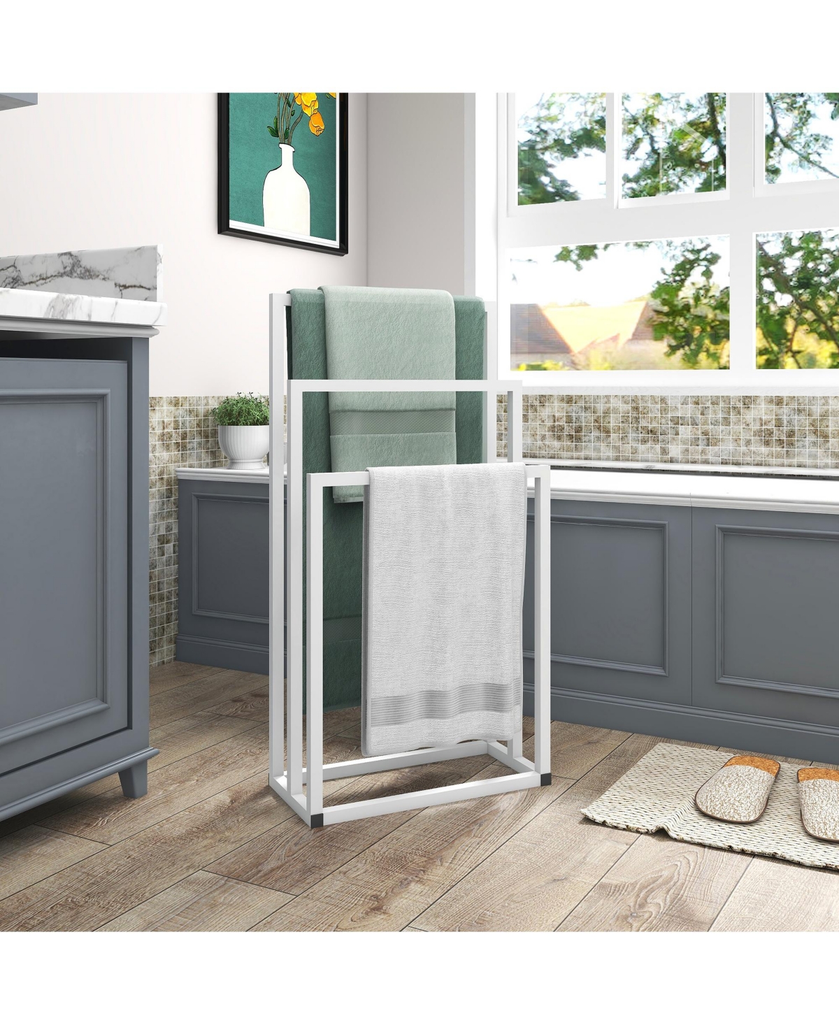 Rainsken 3 Tier Metal Towel Rack, Freestanding Towel Holder, Modern Standing Towels Drying Rack for Bedroom, Bathroom