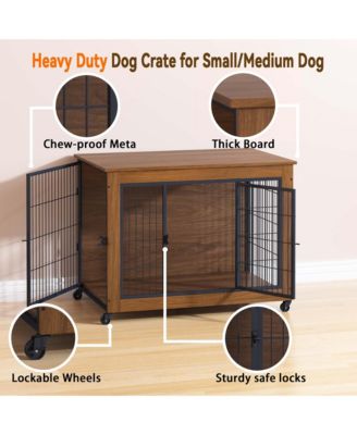 38.6" Dog Crate Furniture with Wheels, 2-Door Heavy Duty Indoor Kennel & End Table for Small Dogs