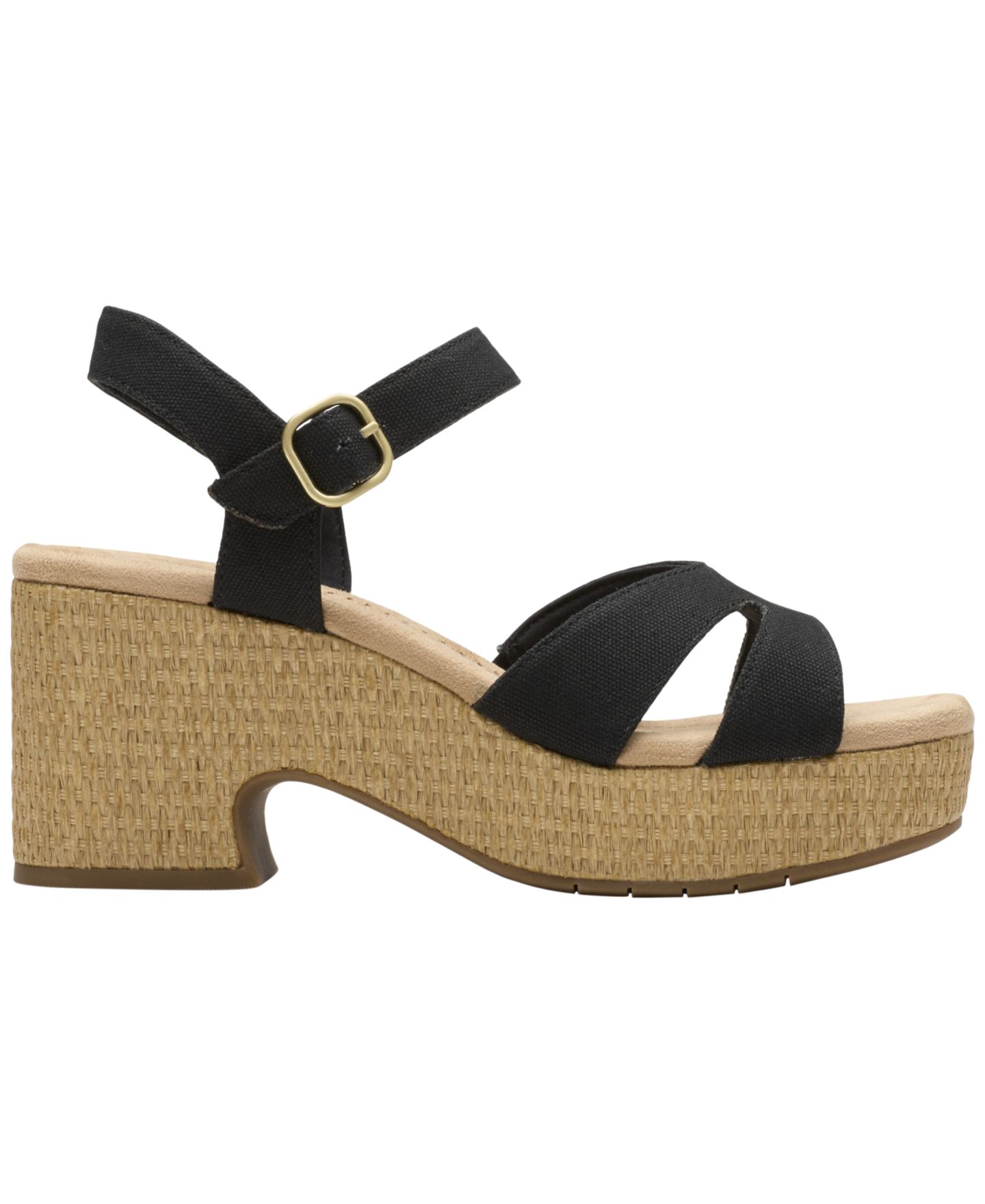 Женские сандалии Clarks Nerisa Twist Round Toe Wedge, цвет: Чёрный холщовый — фото 2