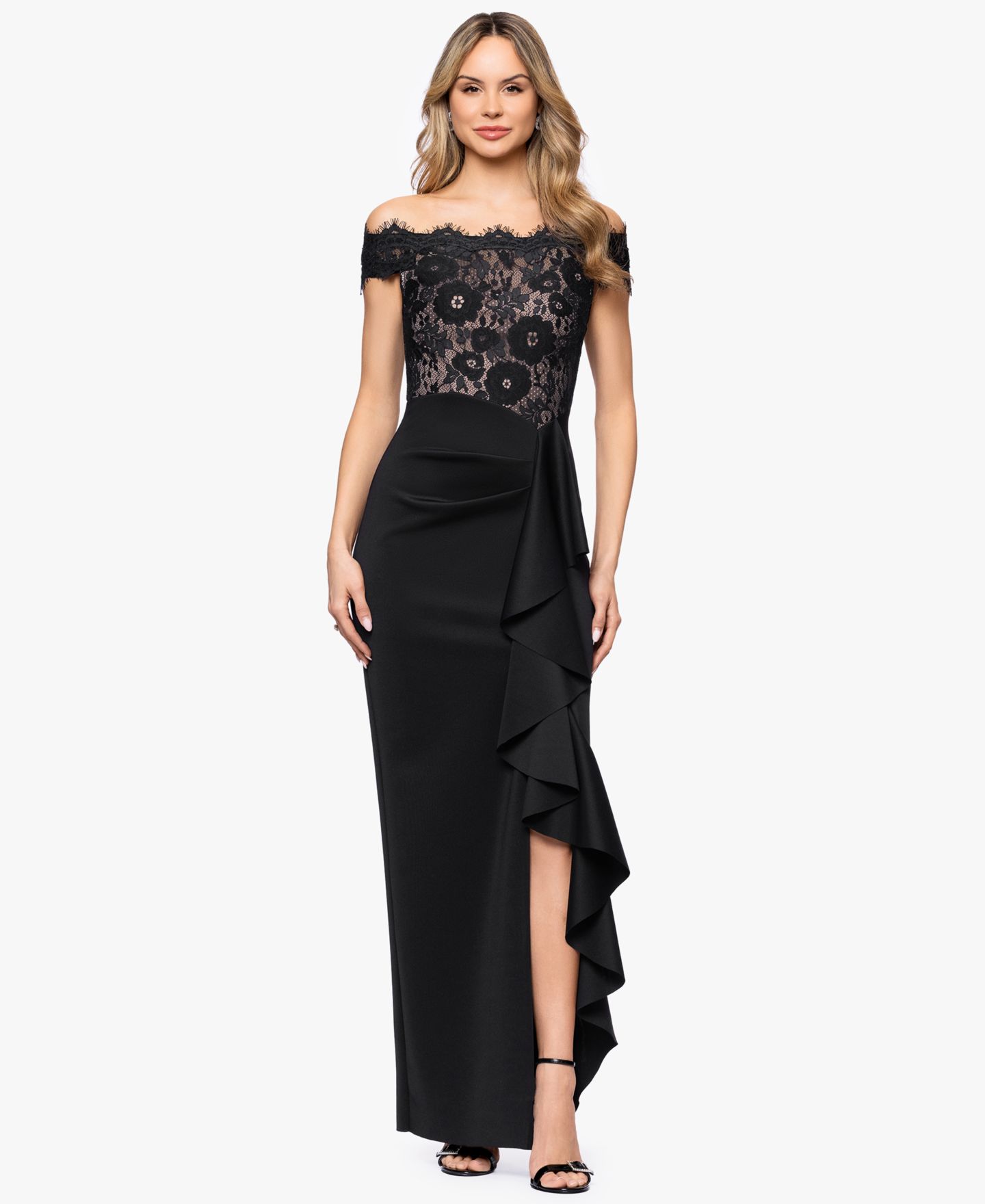 Женские платья Betsy & Adam Off-The-Shoulder Maxi Gown, цвет: Чёрный телесный — фото 1