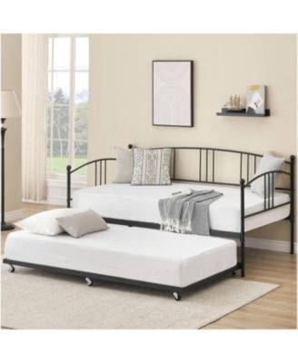 Twin Metal Daybed with Trundle, Pullout Trundle Bed Frame with Arched Headboard, Guest Sofa Bed with Steel Slat Support, No Box Spring Required