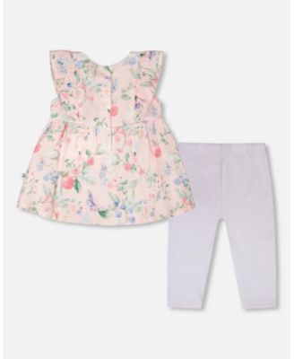 Baby Girls Cotton Muslin Tunic and Rib Jersey Leggings Set Printed Berries and Lilac