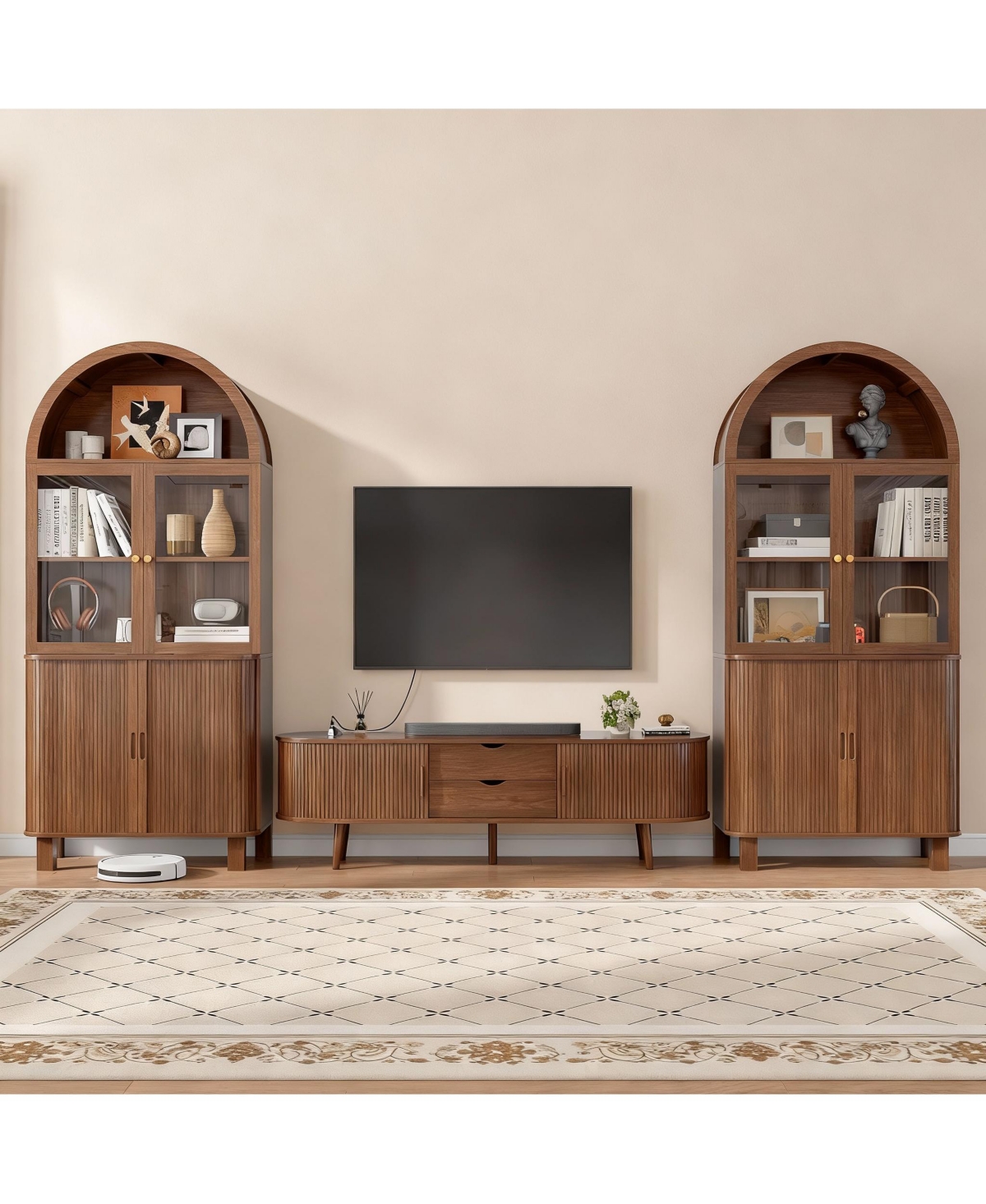 Yigii Arched Kitchen Pantry Cabinet with Adjustable Shelves and Tempered Glass Doors