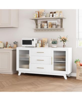 Modern Farmhouse Buffet Storage Cabinet with Glass Door, 56" Large Sideboard Cabinet with Door/3 Drawers/Adjustable Shelf, Wood Coffee