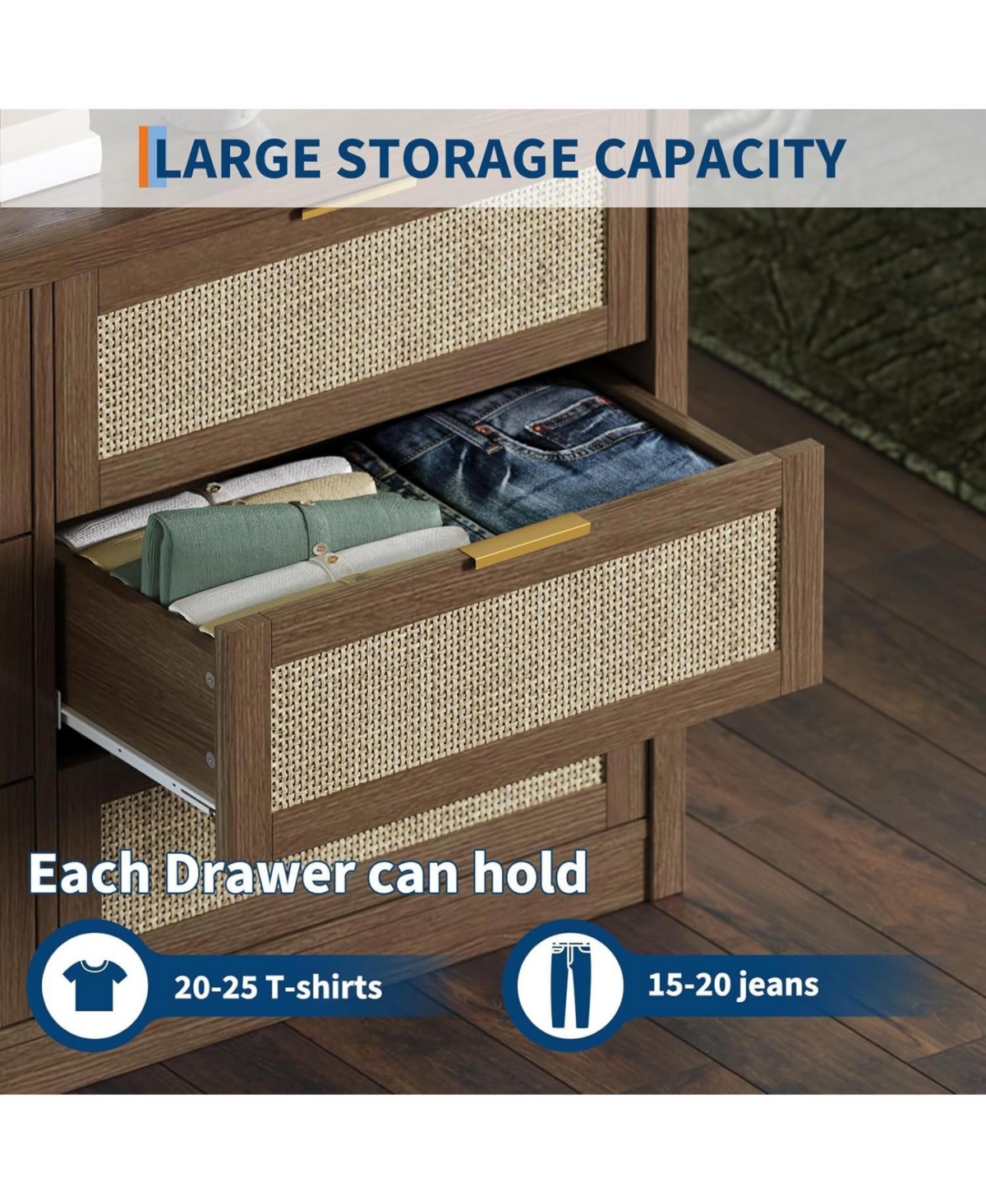 gaomon 53" Rattan Dresser 6 Drawer Wooden Chest with Gold Handles, Modern Storage Organizer with Smooth Glide Drawers