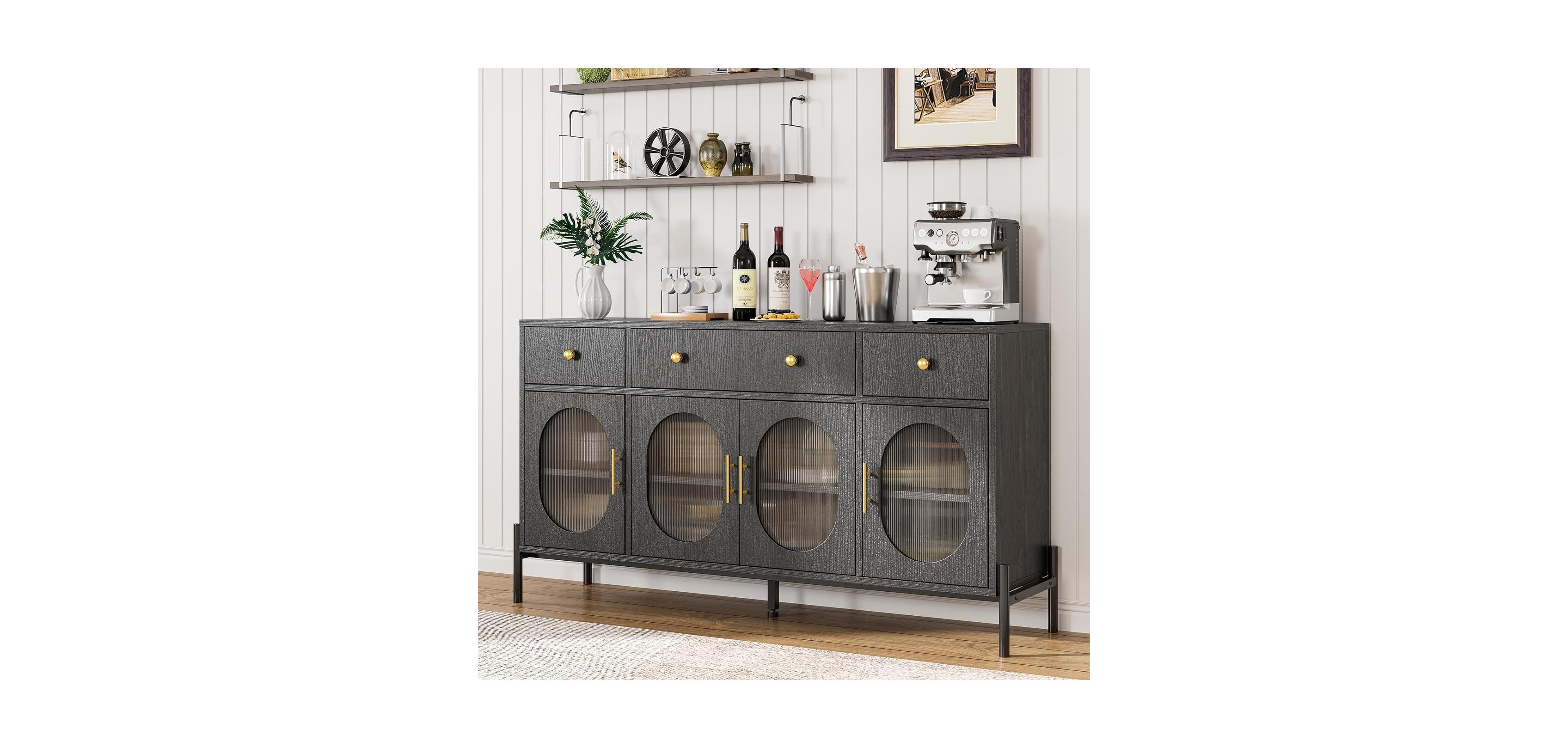 gaomon Buffet Cabinet With Storage, 62" Large Sideboard, Wooden 3 Drawers and 4 Fluted Glass Doors, Coffee Bar Table for Kitchen