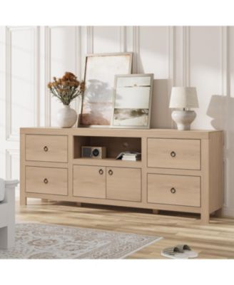 Farmhouse TV Stand for 75/80 Inch TVs, 70" Long Entertainment Center with 6 Storage Drawer & Soundbar Shelf, Television Consoles Stands