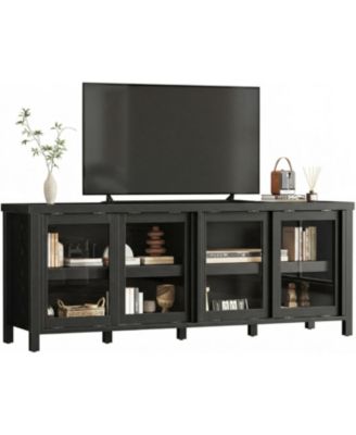 65 Inch TV Stand, Black Modern Entertainment Center with 4 Sliding Glass Doors & Storage Cabinets for Living Room Bedroom