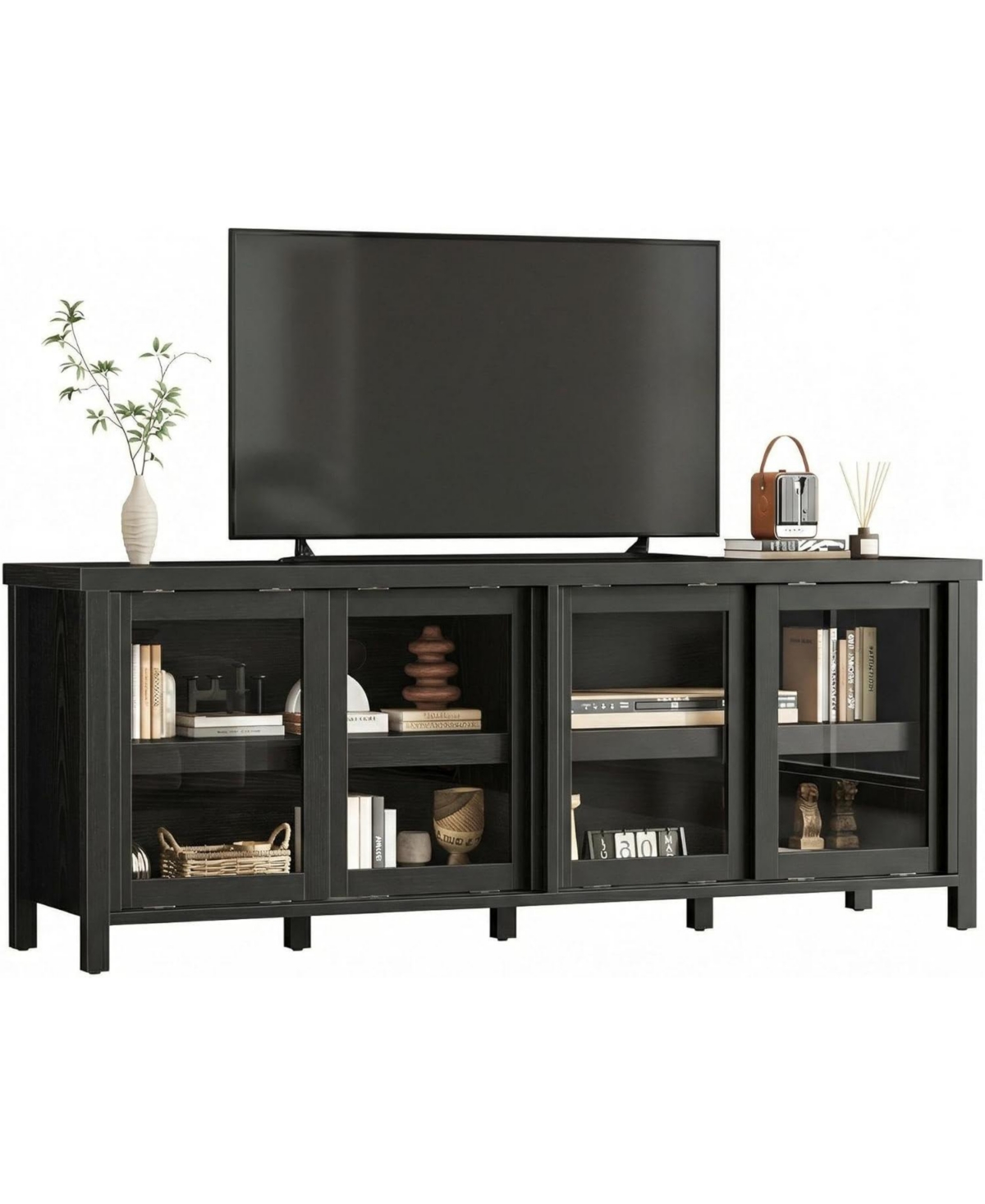 gaomon 65 Inch Tv Stand, Black Modern Entertainment Center with 4 Sliding Glass Doors & Storage Cabinets for Living Room Bedroom