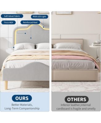 Twin Size Bed Frame with Adjustable LED Headboard and Footboard, Velvet Upholstered Princess Platform Bedframe for Kids/Girls