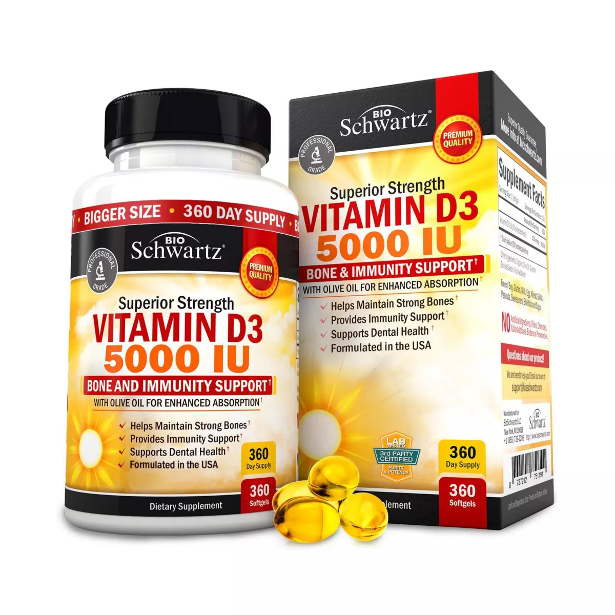 Vitamin D3 5000 IU (125 mcg) Natural Immune Support Supplement, Bone Strength, Healthy Muscle Function, 360 Softgels