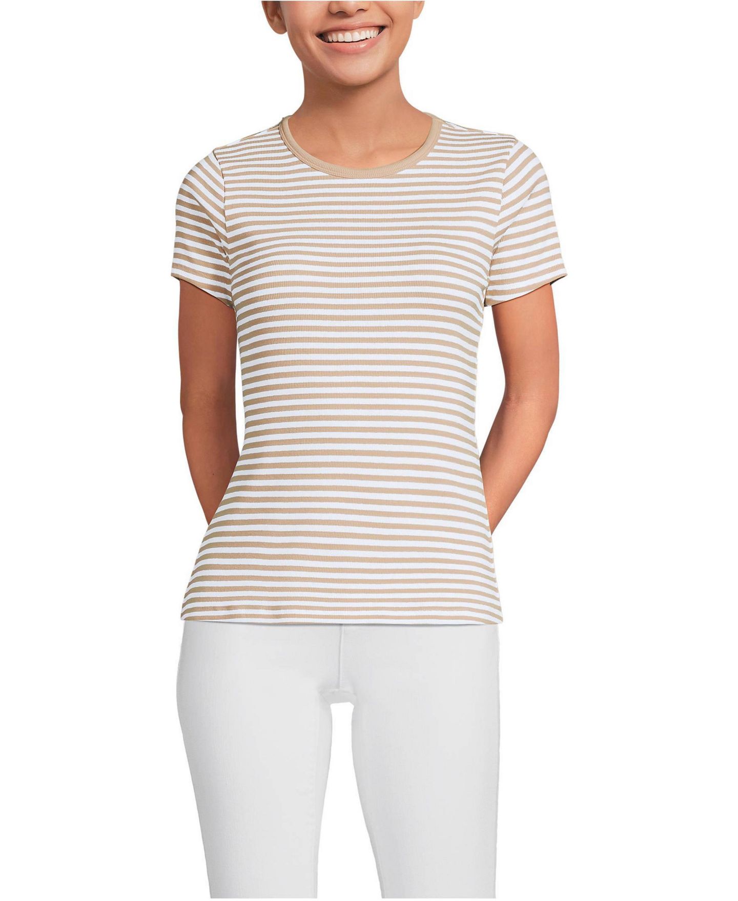 Женская футболка Lands' End Short Sleeve Crew Neck Micro Rib Mini, цвет: Шампань / Белый полосатый — фото 1