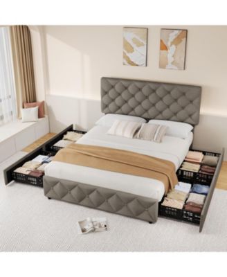 Bed Frame with 4 Storage Drawers, Linen Upholstered Platform Bed Frame with Adjustable Headboard