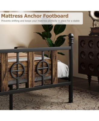 Full Size Bed Frame with Headboard and Footboard, Metal Twin Bed Frame w/Vintage Circular Design & Storage Space Under Bed, Easy Assembly