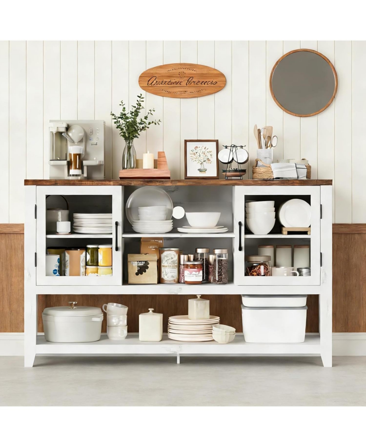 gaomon 53" Kitchen Buffet Sideboard, Modern Coffee Bar Table with 2 Glass Doors & 3 Shelves, Storage Cabinet for Living Room, Entryway