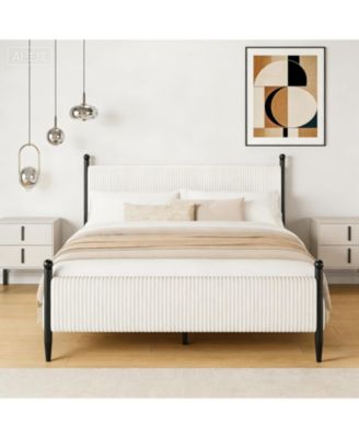 Queen Upholstered Bed Frame with Velvet Headboard, Corduroy Platform, Wood Slats, White
