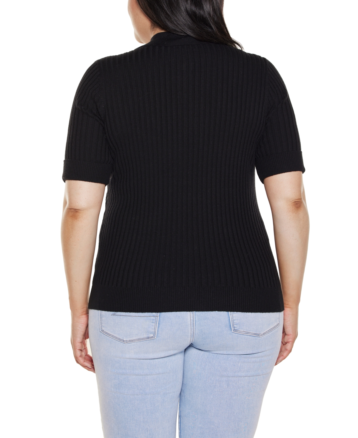 Belldini Plus Collared Quarter-Zip Ribbed-Knit Sweater