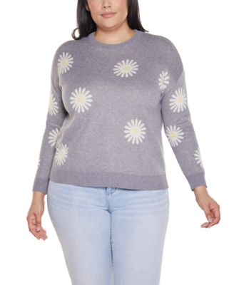 Plus Size Jacquard-Flower Crew Neck Sweater
