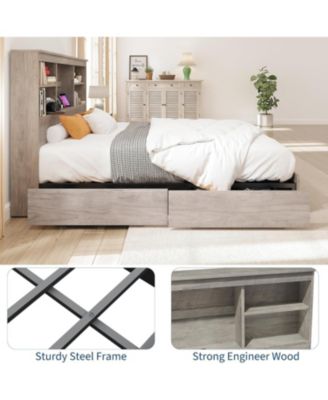 Full Size Bed Frame with High Storage Bookcase Headboard, Wood Bed Frame with 4 Storage Drawers, Built in Charging Station, Noise-Free