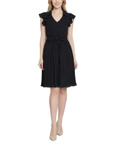 Petite Plisse Pleated Short-Sleeve Dress - Black