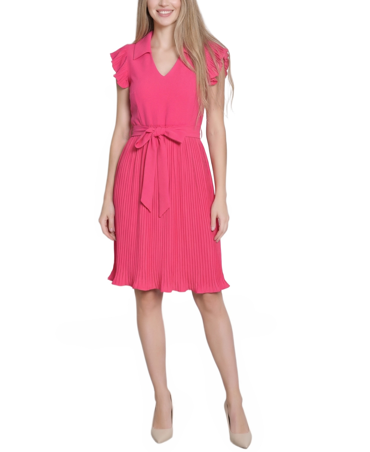 Ny Collection Petite Plisse Pleated Short-Sleeve Dress