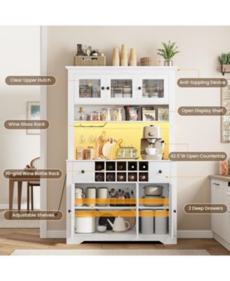 68.7 " Pantry Cabinet with LED Light and Charging Station, Kitchen Pantry Storage Cabinet with Countertop