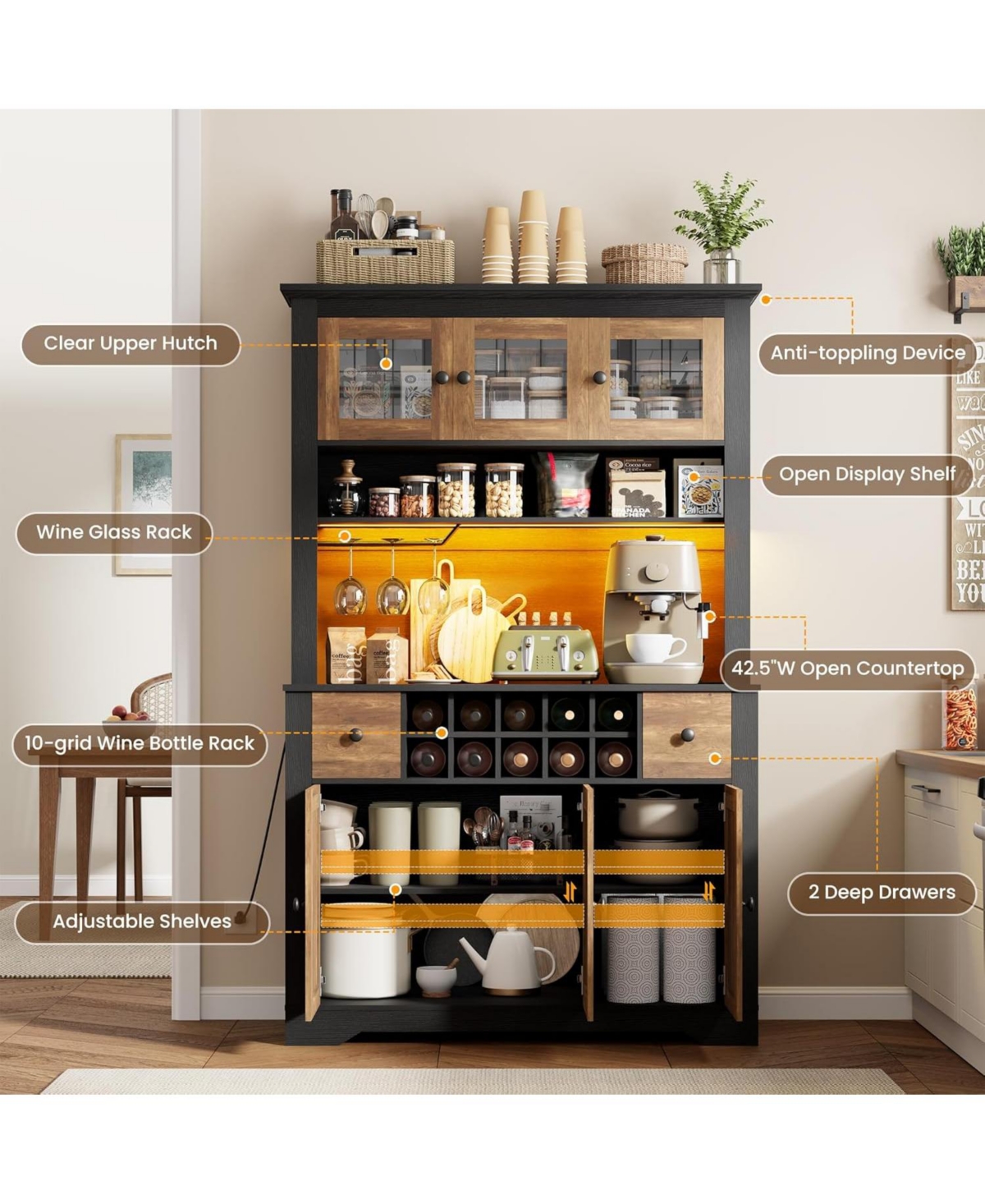 gaomon 68.7 " Pantry Cabinet with Led Light and Charging Station, Kitchen Storage Countertop