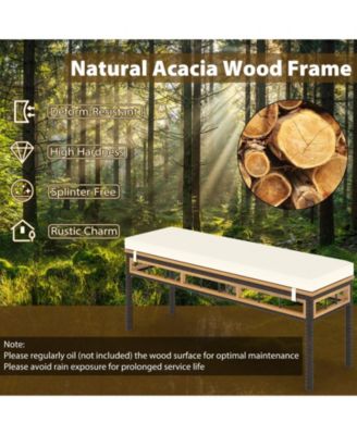 2Pcs Wicker Patio Bench/Acacia Wood Seat Removable Padded Cushion for Deck