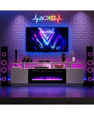 70" Fireplace TV Stand with 36" Electric Fireplace Heater, 12 Flame and 7 LED Color Modes, High-Gloss Entertainment Center with 2-Tier Storage