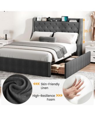 2Pcs Set Upholstered Queen Size Bed Frame with 4 Storage Drawers & Wingback Headboard, USB/Type-C Charging Station, Tufted Design