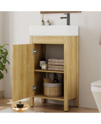 Home 16 inch Bathroom Vanity with Sink Vintage Bathroom Cabinet Vanity with Doors Farmhouse Wooden Freestanding Bathroom Cabinet with Top