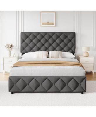 Bed Frame with 4 Storage Drawers and Headboard, Linen Upholstered Platform Bed Frame