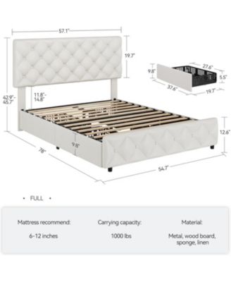 Full Size Bed Frame with 4 Storage Drawers, Faux Leather Upholstered Platform Bed Frame with Adjustable Headboard