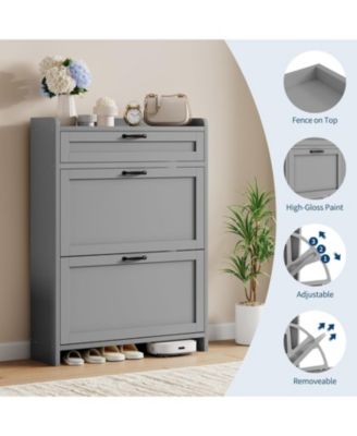 Shoe Cabinet with 2 Flip Drawers & 1 Top Drawer, Wooden Shoe Storage Organizer, Adjustable Shelves, Hidden Cabinet for Hallway or Living Room