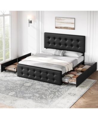 Bed Frame with 4 Storage Drawers and Headboard, Faux Leather Upholstered Platform Bed Frame with Wooden Slats Support