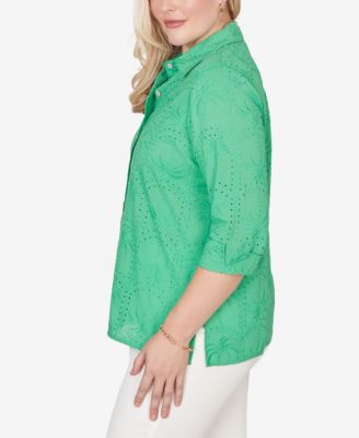 Women's Resort Living Eyelet Palm Tree Button-Front Top