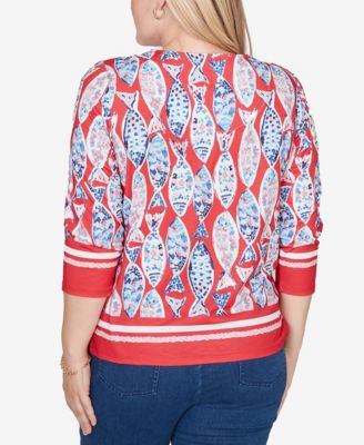 Women's Port Side Mosaic Fish Split Beaded Neck Top