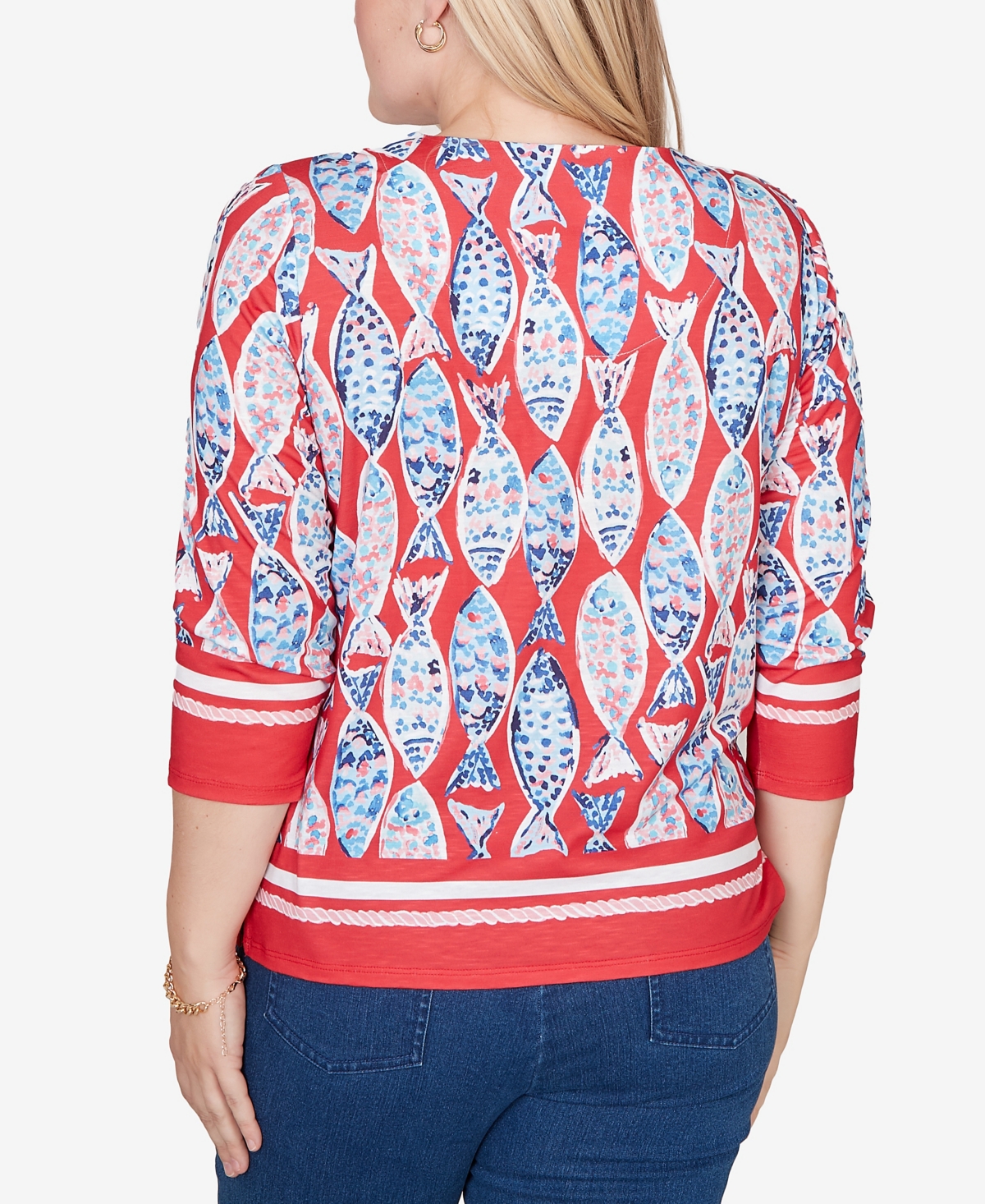 Alfred Dunner Women's Port Side Mosaic Fish Split Beaded Neck Top